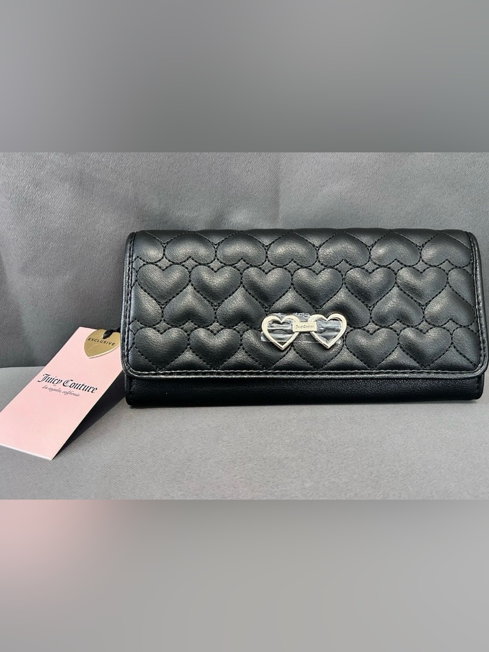 Juicy Couture Clutch Wallet Black Quilted Heart-Pattern Silver Heart Hardware